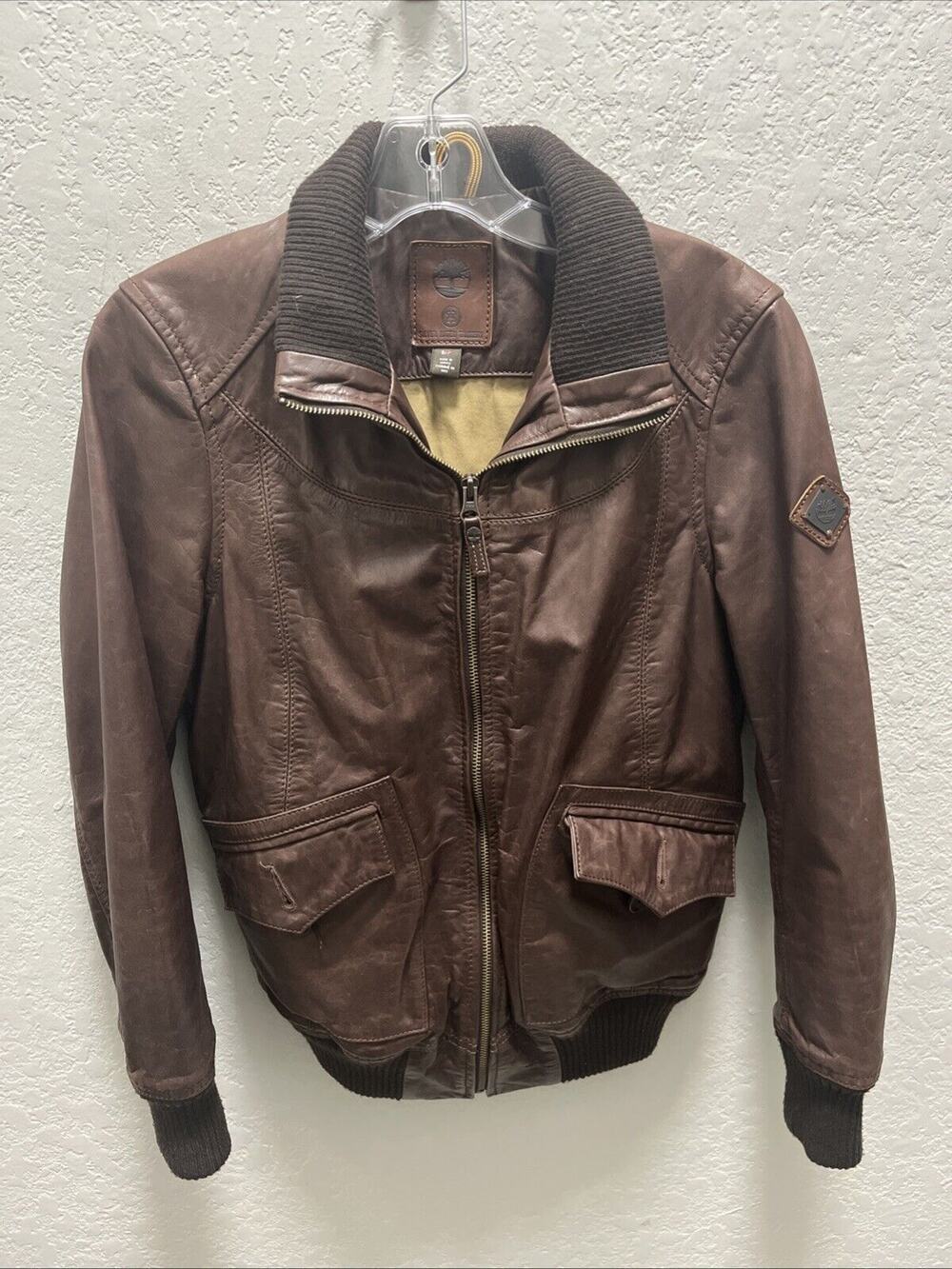 Timberland Men’s Small Leather Bomber Jacket Brown Ribbed Collar & Cuffs